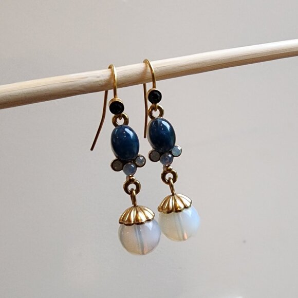 1928 Blue/Gold Beaded Drop Dangle Earrings - Picture 6 of 16